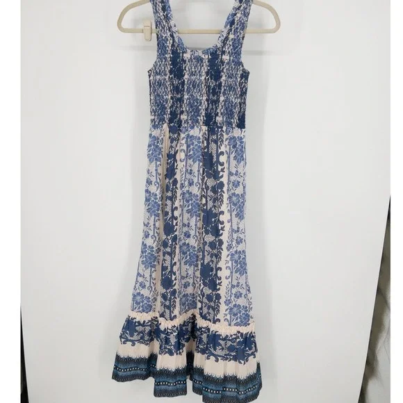 Tuckernuck Bondi Blues Floral Toile Smocked Mallie Midi Dress XXS Cotton Ruffle - Picture 5 of 8